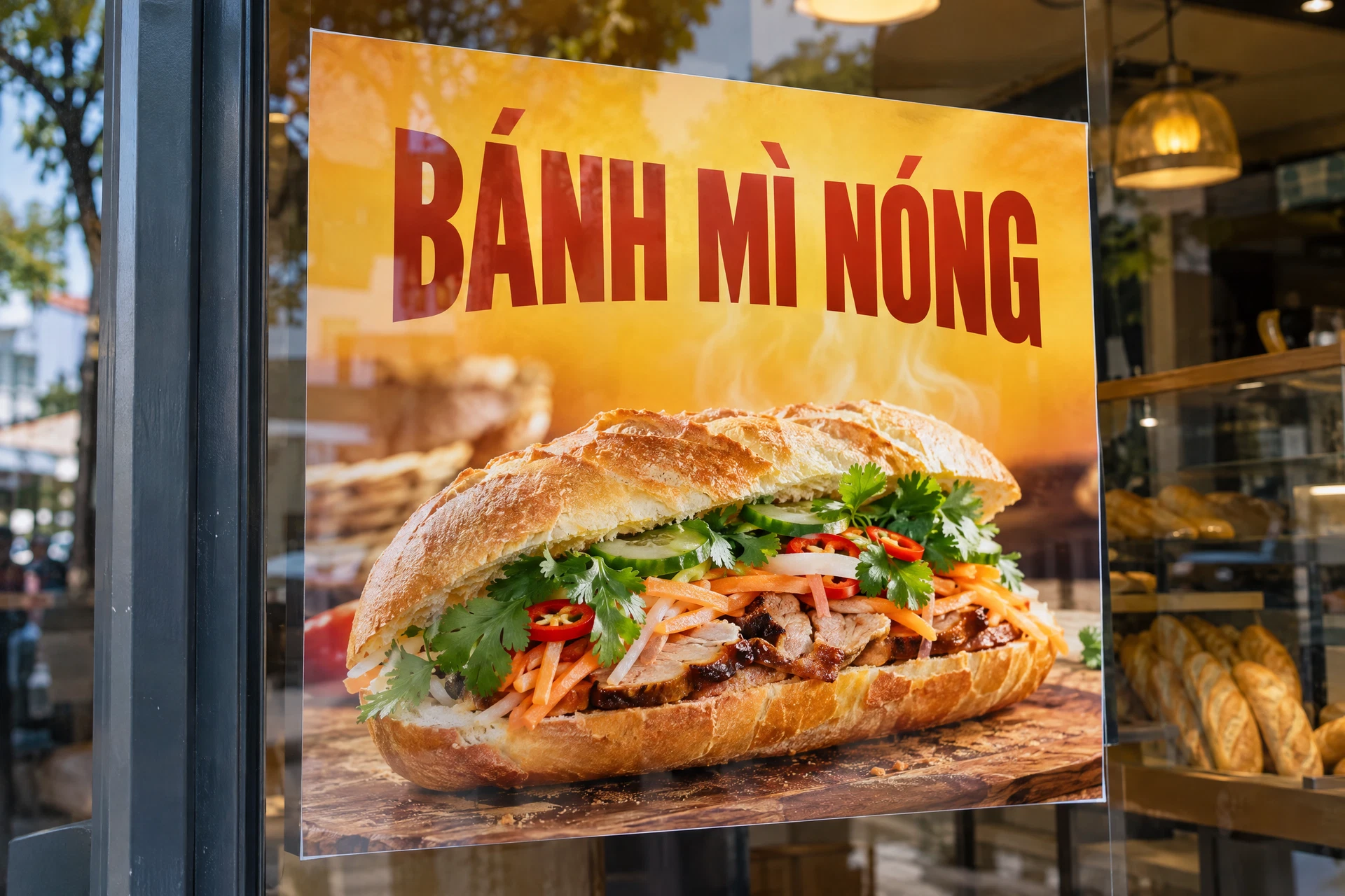 Ảnh minh họa poster tiếng Việt cho bánh mì; cửa hàng giả lập.