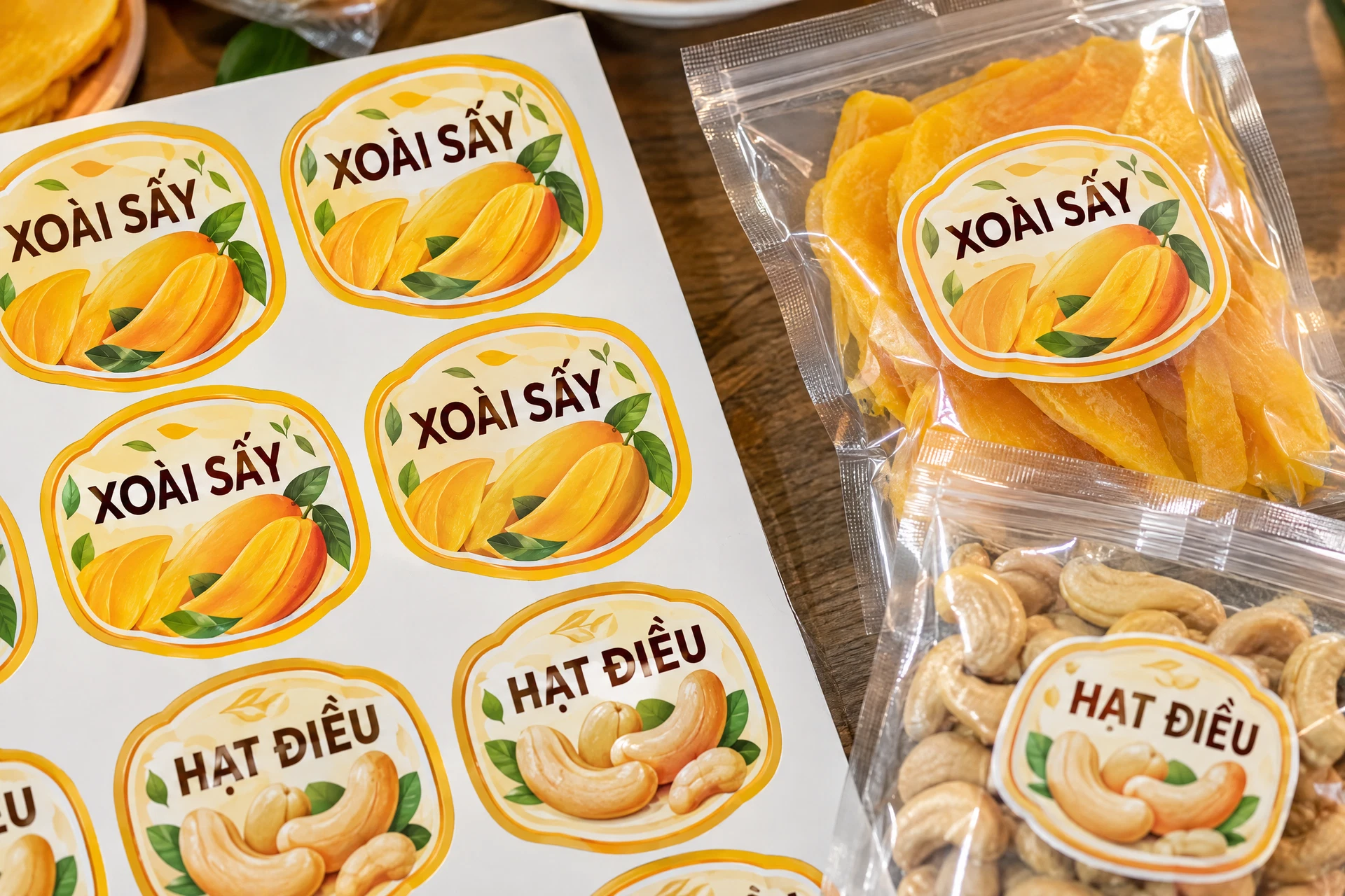 Ảnh minh họa sticker cho xoài sấy và hạt điều; nhãn giả lập.