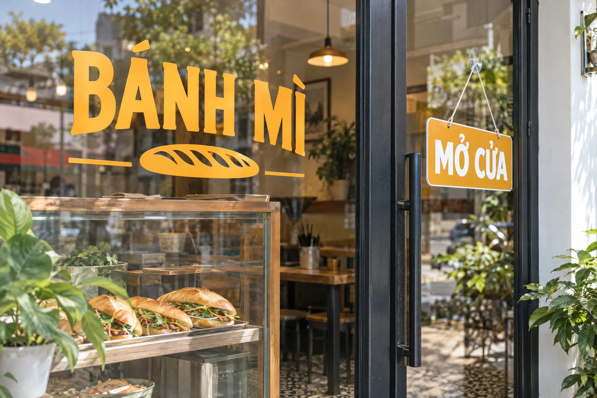 Ảnh minh họa decal tiếng Việt trên cửa kính tiệm bánh mì giả lập.