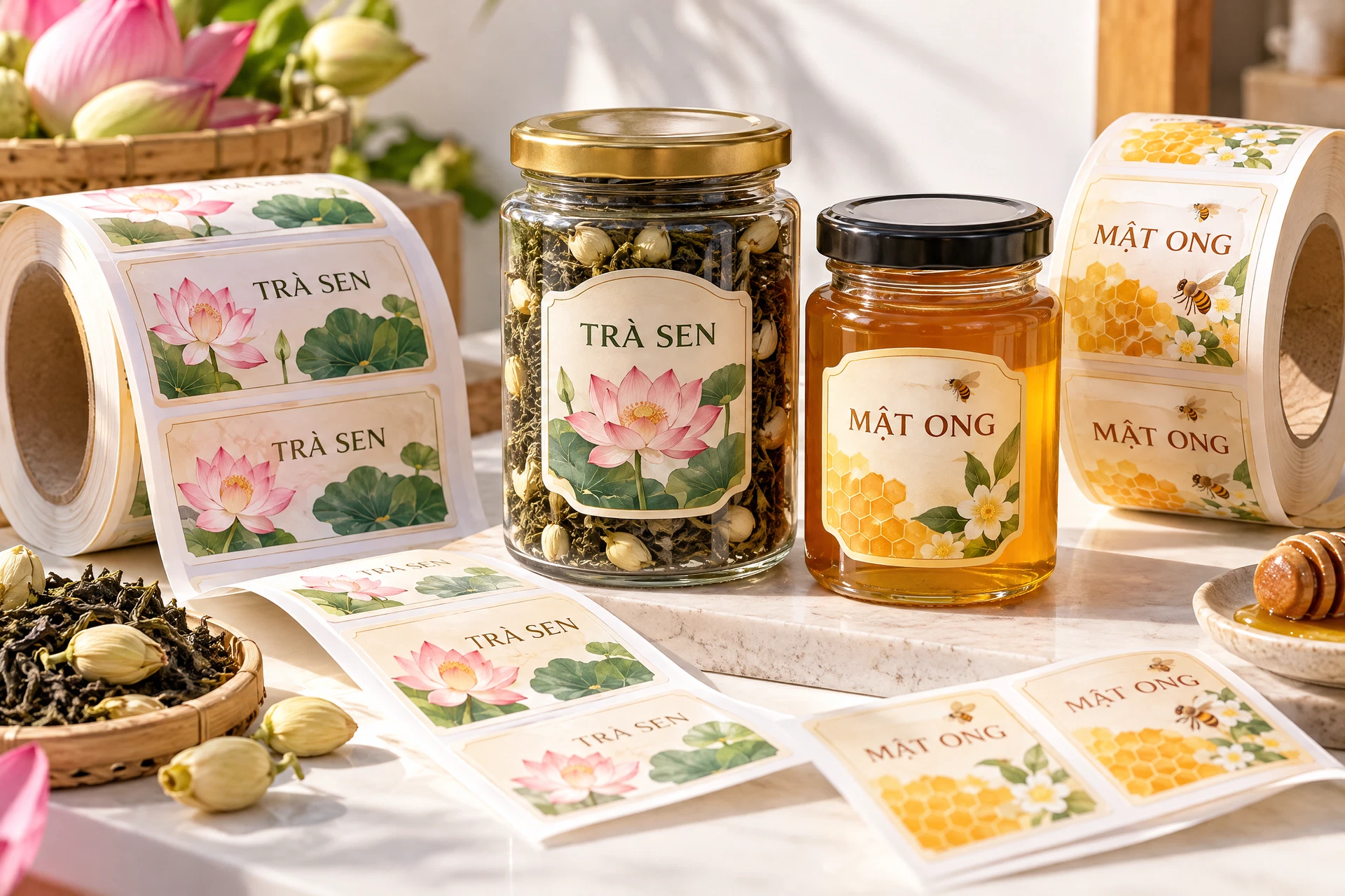 Ảnh mẫu minh họa tem cuộn trà sen, mật ong; bao bì giả lập.