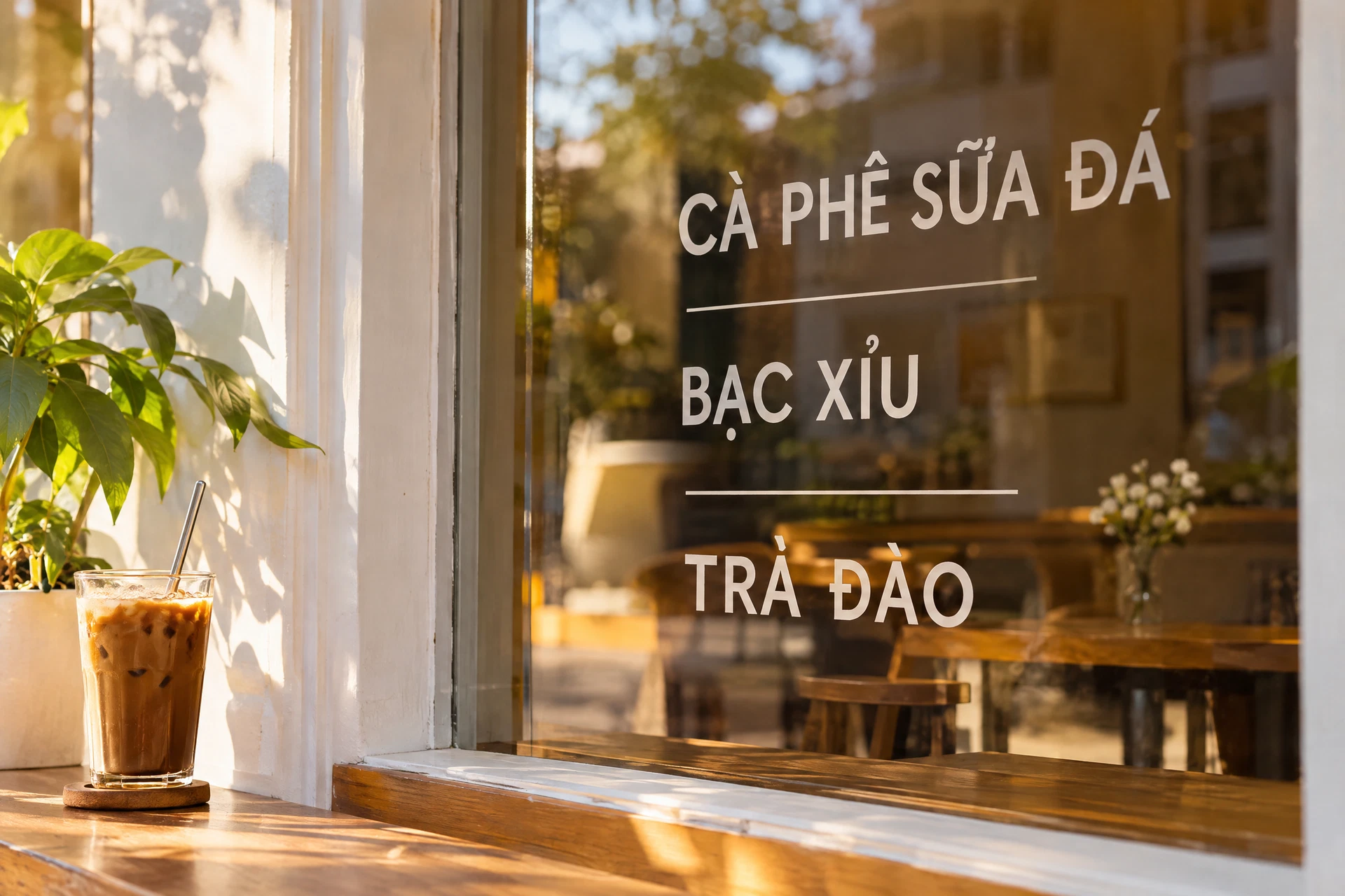 Ảnh minh họa menu decal tiếng Việt trên cửa kính quán cà phê giả lập.