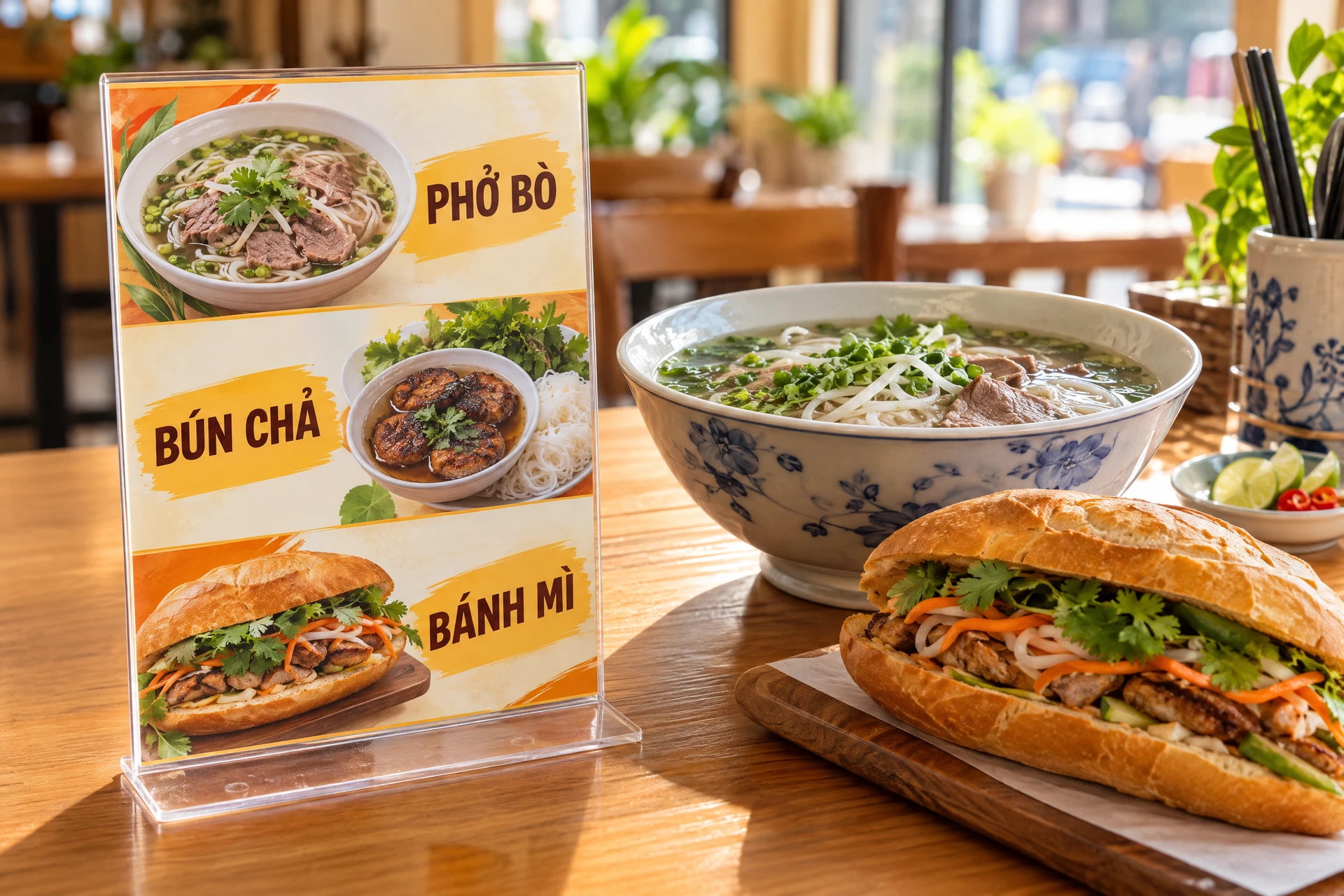 Ảnh minh họa menu món Việt với phở bò, bún chả và bánh mì.