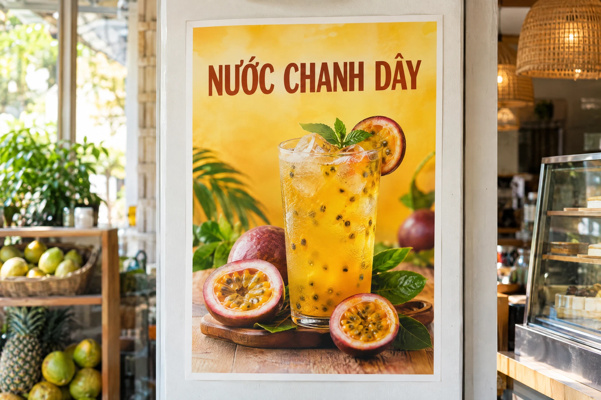 Ảnh minh họa poster tiếng Việt cho thức uống chanh dây; mẫu giả lập.